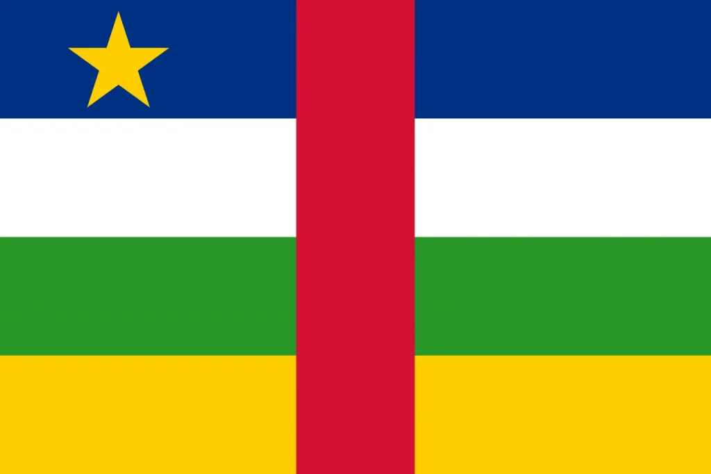 A bandeira da República Centro-Africana tem quatro faixas horizontais de largura igual.