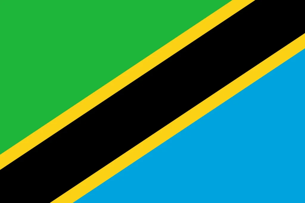 A bandeira da Tanzânia é uma tricolor horizontal com listras verdes na parte superior, amarelas no meio e pretas na parte inferior, divididas por uma fina linha azul.