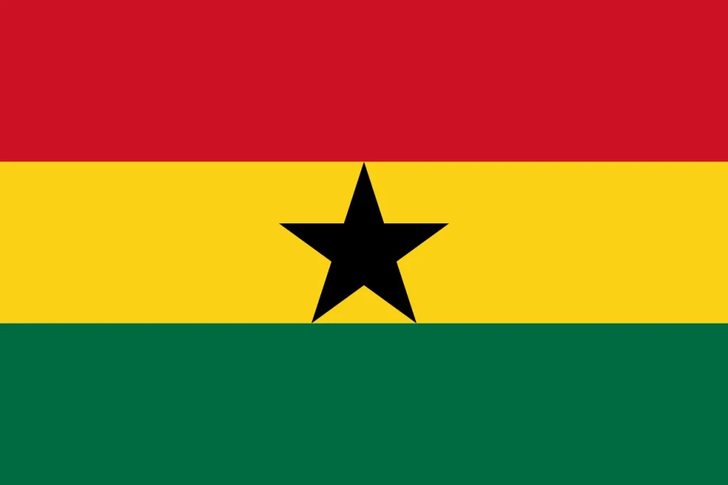 A bandeira de Gana tem uma estrela preta no centro da faixa amarela com listras vermelhas, amarelas e verdes.