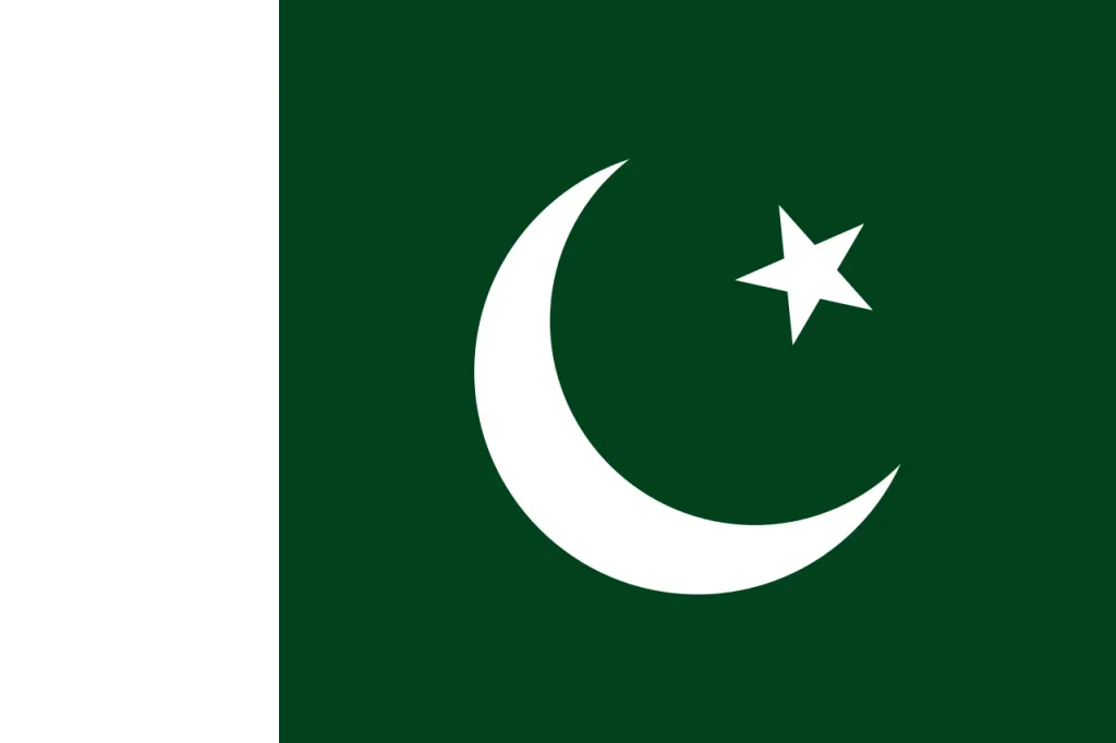 A bandeira do Paquistão é verde-escura com uma faixa vertical branca à esquerda.