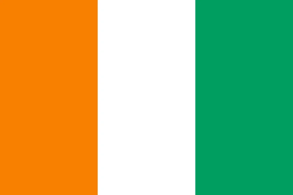 Bandeira da Costa do Marfim Uma bandeira tricolor vertical com cores vibrantes de laranja, branco e verde