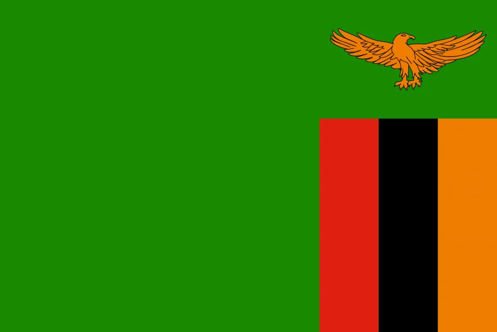 Bandeira da Zâmbia Tricolor horizontal verde, laranja e preto.