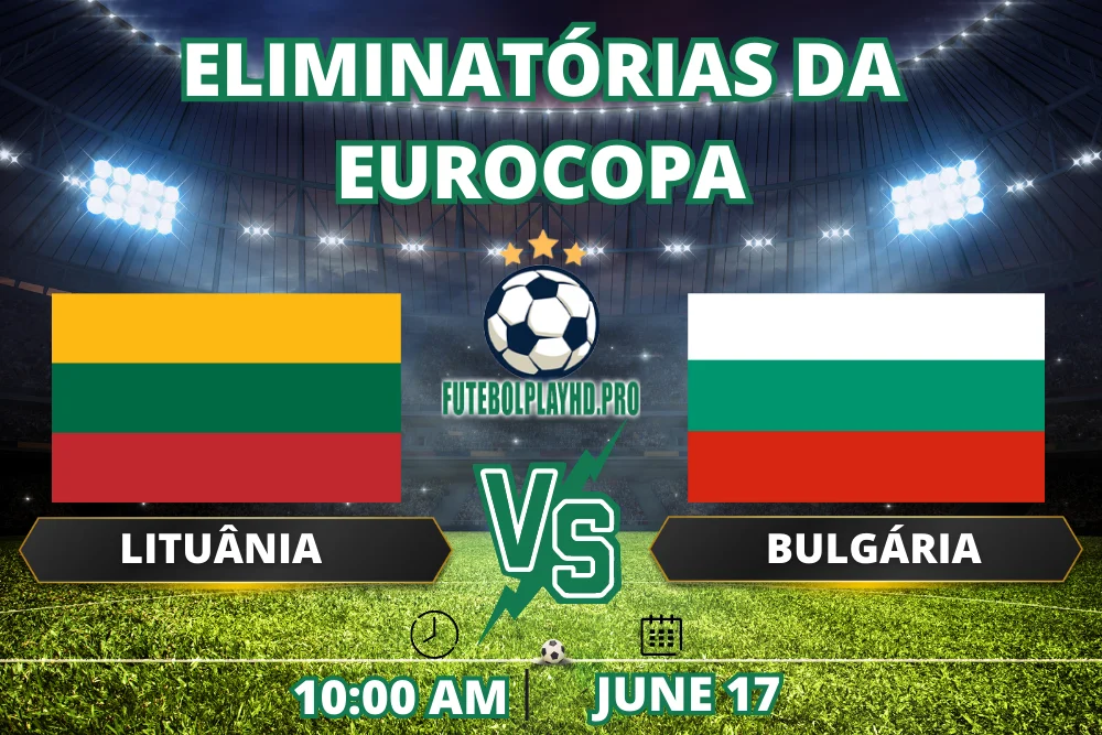 Banner da partida de eliminação da Eurocopa Duas bandeiras nacionais, Lituânia e Bulgária, em cores brilhantes, indicando a próxima partida de futebol acirrada.