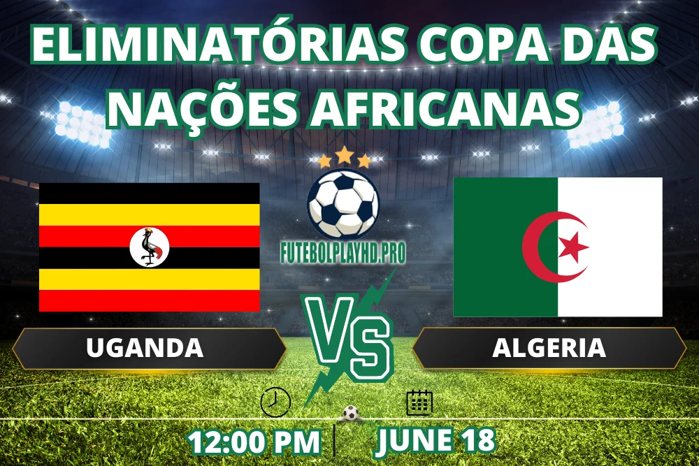 Copa das Nações Africanas Banner da partida Uganda x Argélia com bandeiras de países, logotipos de equipes e cores brilhantes que representam a competição acirrada e a emoção da partida.