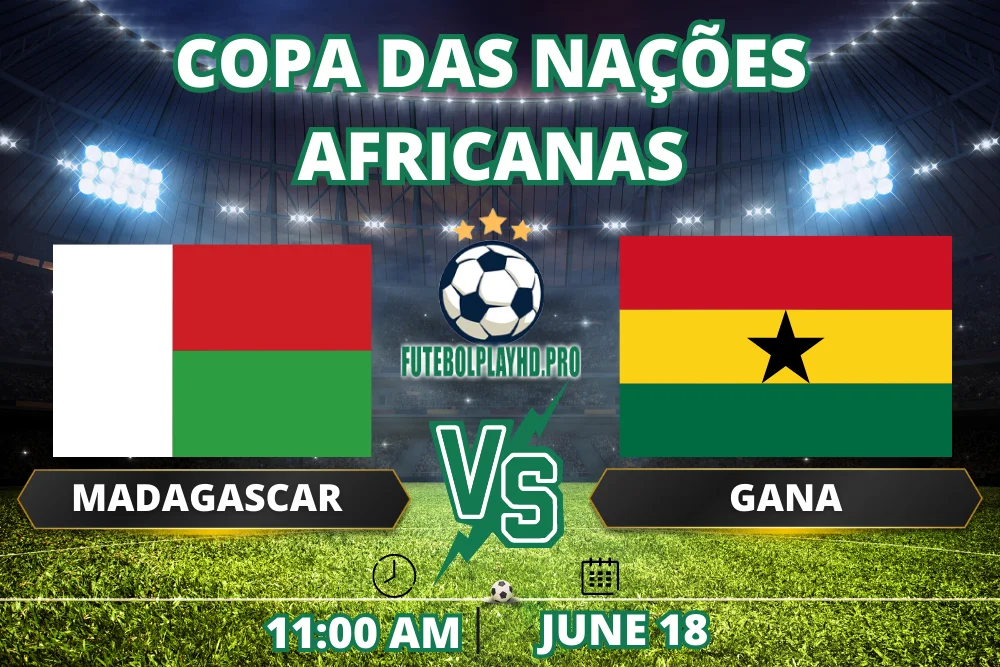Duas bandeiras nacionais, Madagascar e Gana, exibidas em cores vibrantes, simbolizando a emocionante partida de futebol que se aproxima na Copa das Nações Africanas