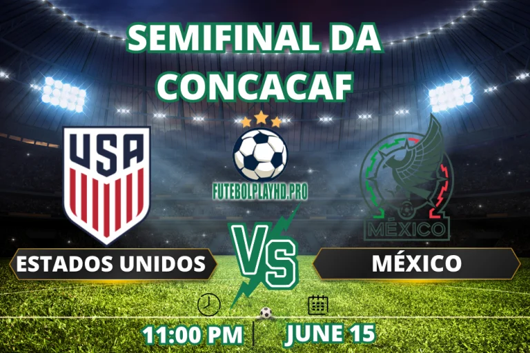 Um impressionante banner de jogo representando a partida semifinal da CONCACAF entre os EUA e o México