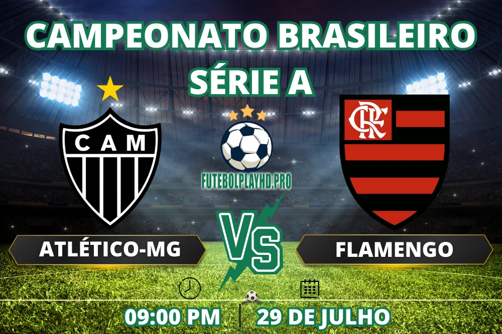 Banner de jogo de futebol Atlético-MG x Flamengo para a Série A do Campeonato Brasileiro no futebol play hd