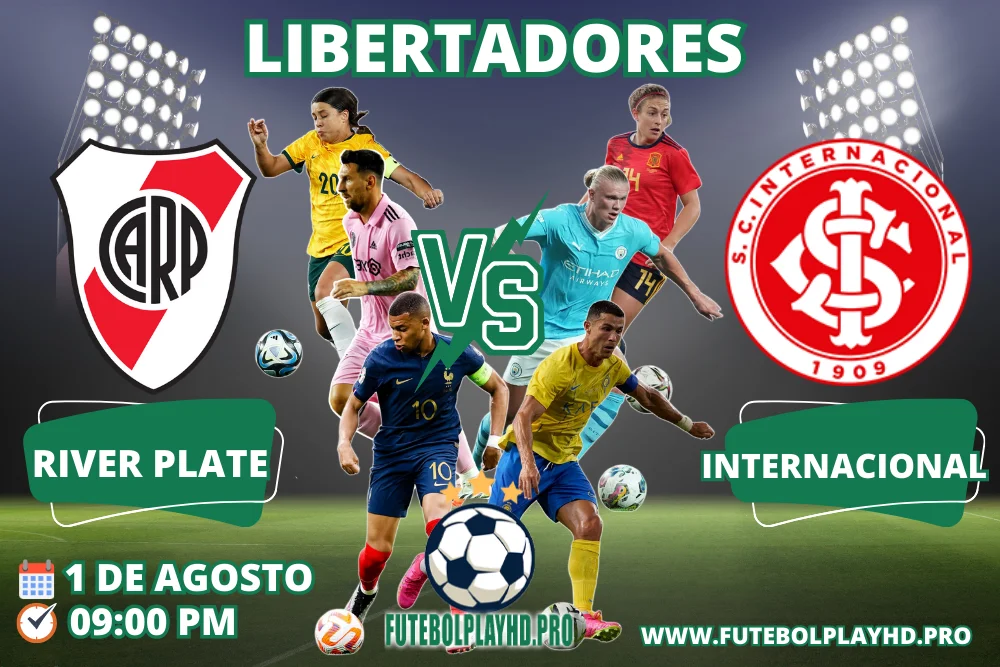Banner de jogo de futebol RIVER PLATE x INTERNACIONAL para a Copa Libertadores no futebol play hd