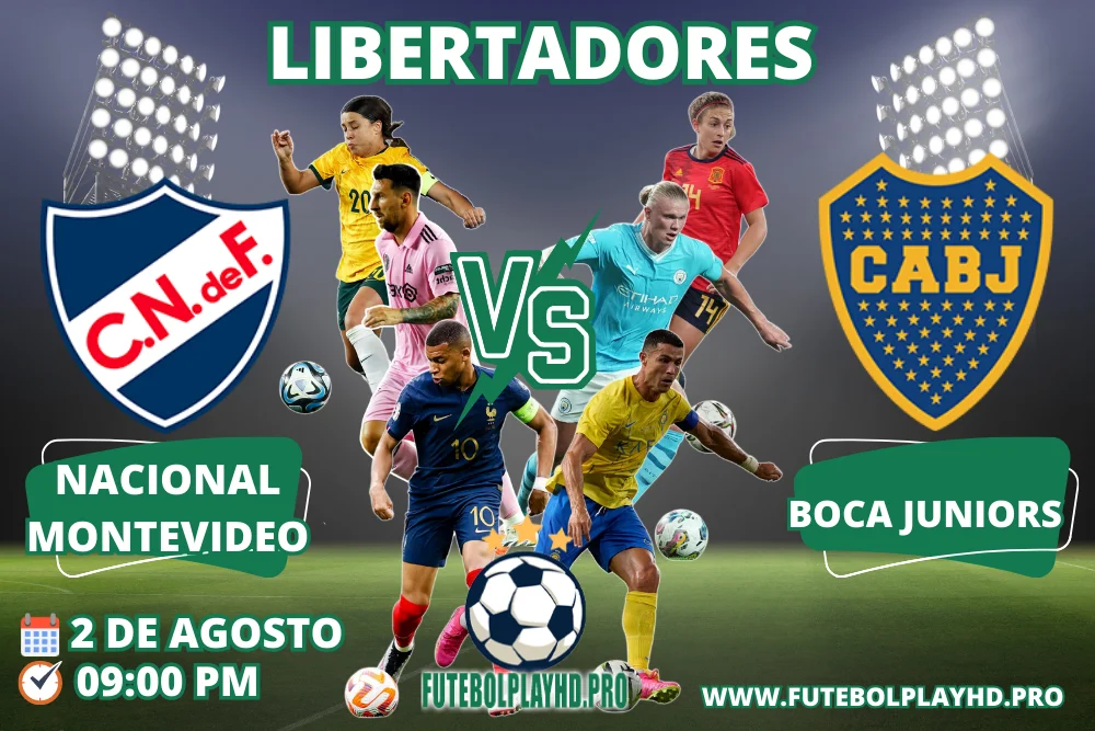 Banner do jogo de futebol NACIONAL MONTEVIDEO x BOCA JUNIORS pela Copa Libertadores no futebol play hd