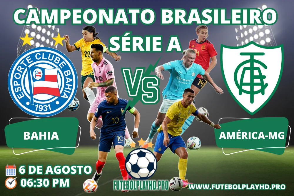 Banner da partida de futebol BAHIA x AMÉRICA-MG pelo Campeonato Brasileiro Série A no Futebol Play HD