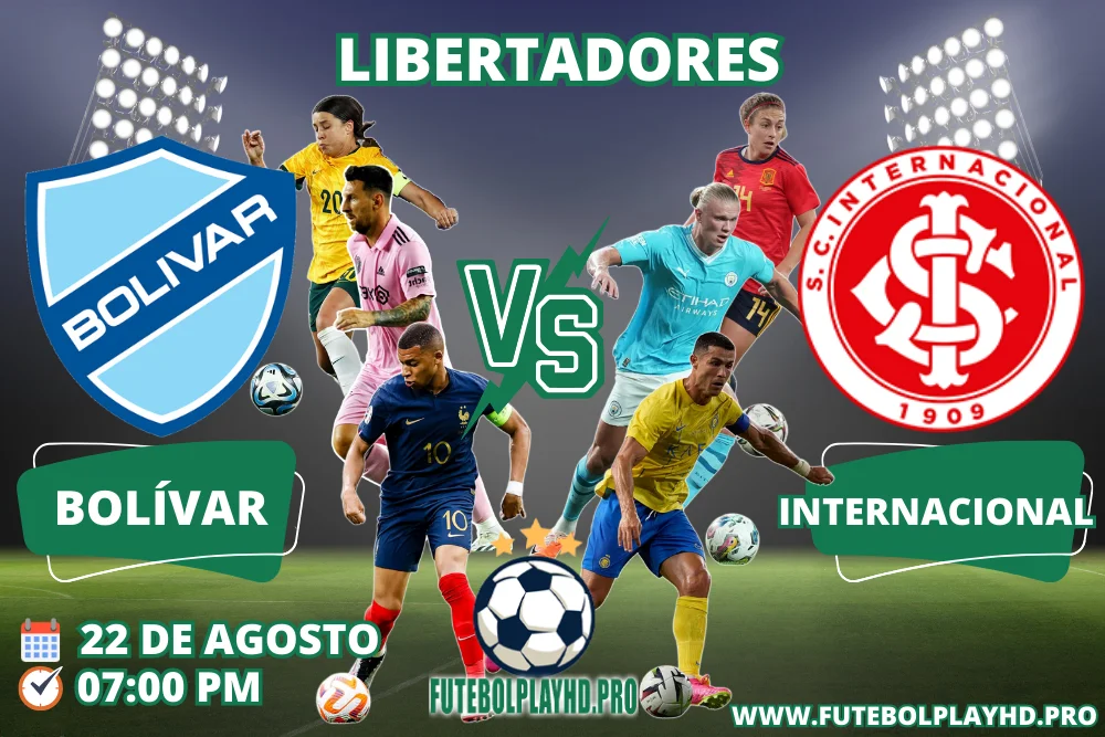 Banner da partida de futebol BOLIVAR x INTERNACIONAL pela Libertadores no futebol play hd