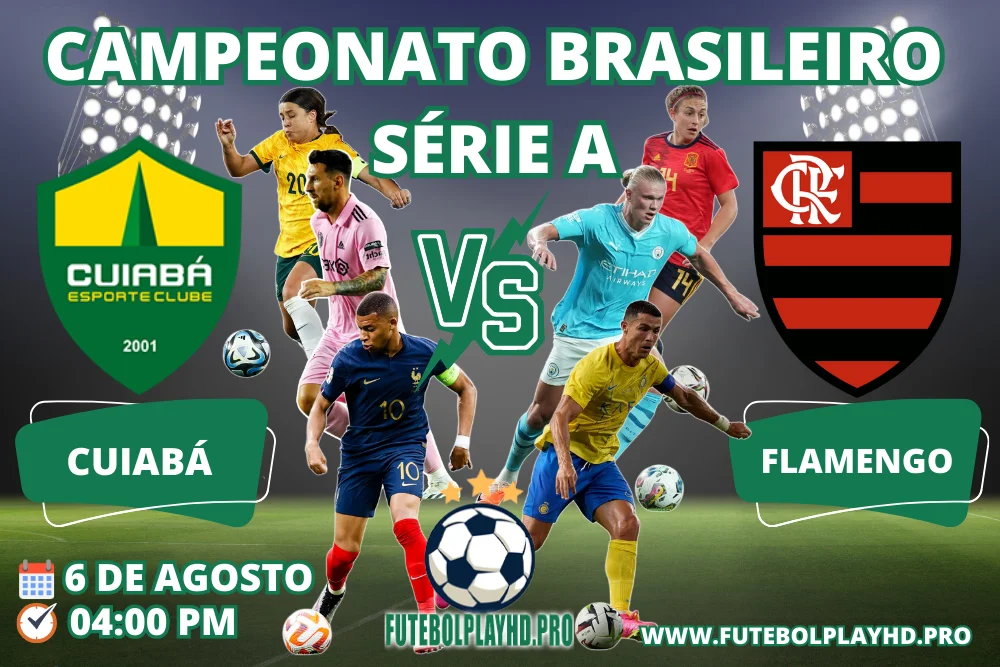 Banner da partida de futebol Cuiabá x FLAMENGO pelo Campeonato Brasileiro Série A no futebol play hd