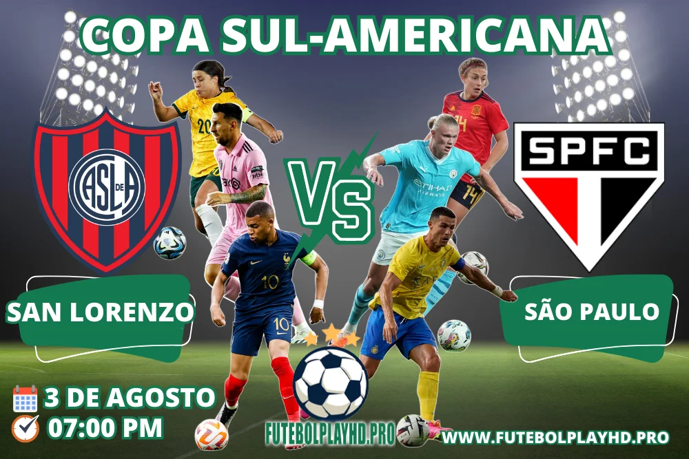 Banner da partida de futebol SAN LORENZO x SAOPAULO pela Copa Sul Americana no Futebol Play HD