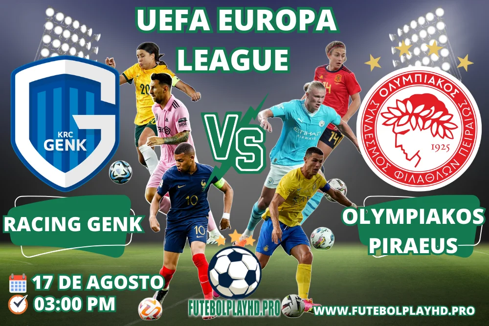 Banner do jogo de futebol RACING GENK x OLYMPIAKOS PIRAEUS para a UEFA Europa League no futebol play hd