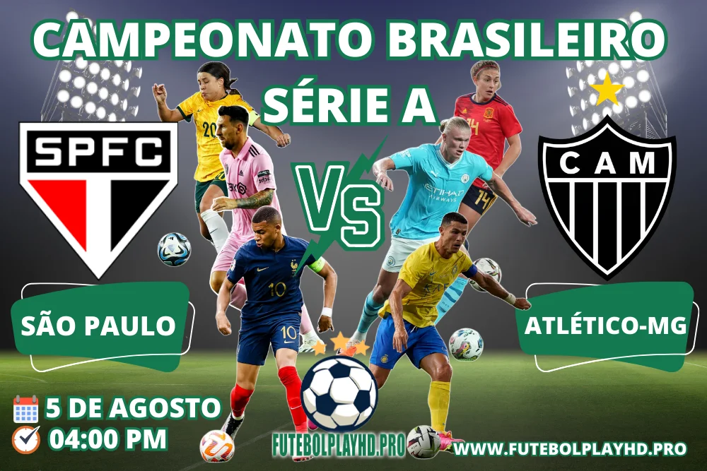 São Paulo x Atlético-MG, faixa de jogo de futebol do Campeonato Brasileiro Série A no futebol play hd